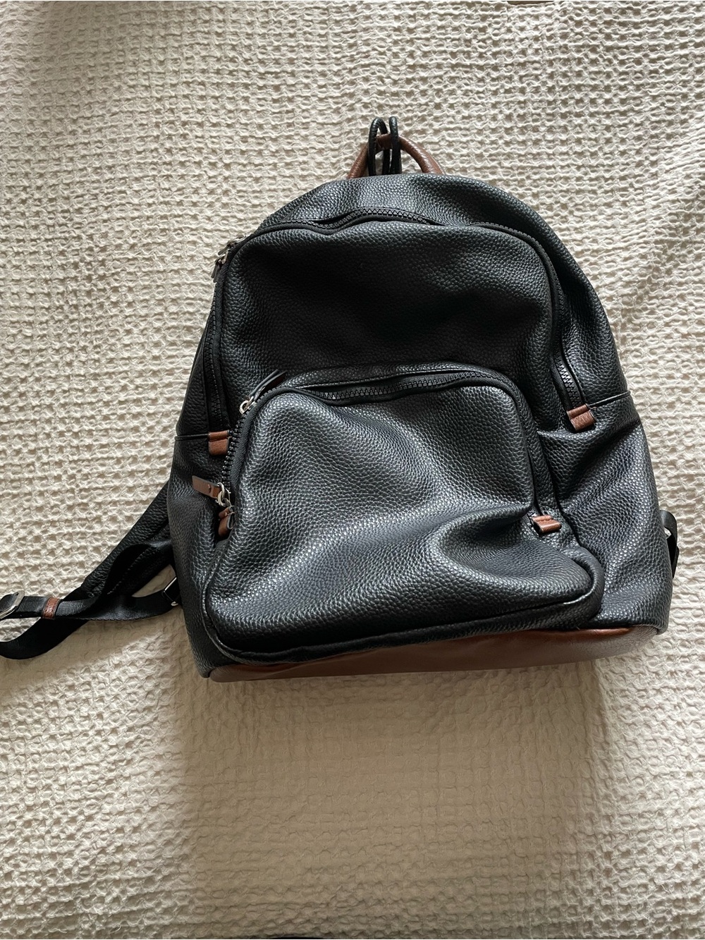 Black Leather Backpack with Brown Accents